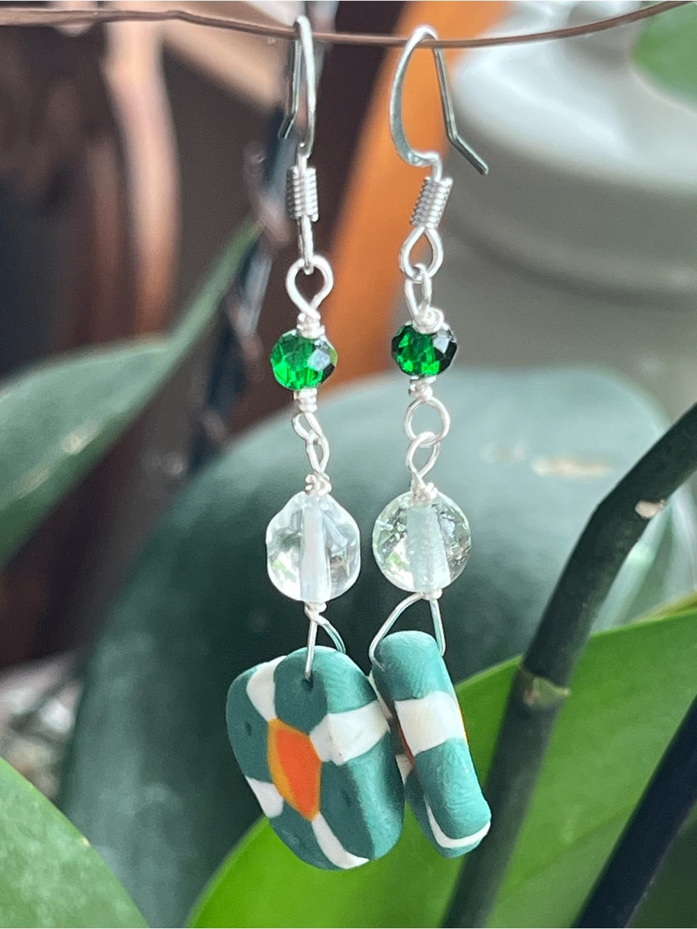 Green and White Floral Drop Earrings with Orange Accent